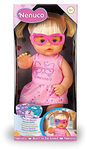 Nenuco - Nenuco Brillen, Baby-Puppe mit Brille und blondem Haar mit Pferdeschwanz, inkl. 3 Farbflecken und Kleid, +2 Jahre, Famosa (NFN20000)