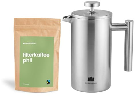 Groenenberg Spar Set 1 | Filter Kaffeebohnen o. Pulver (Bio) 250g + French Press Thermo | Kaffeepresse Edelstahl