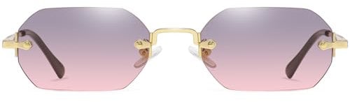 Ggpyyon Retro Rimless Sunglasses Rectangle Frameless Women Men Vintage 90s Small Glasses Polygon Sun Glasses(Gold/Gradient Grey Pink)