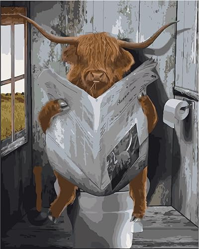 Fan House Malen Nach Zahlen Erwachsene -Kuh beim Zeitungslesen- DIY Ölgemälde Leinwand Set mit 4 Pinsel und Acrylpigment für Home Deko Geburtstag Weihnachten Geschenk - 40 x 50 cm (Ohne Rahmen)