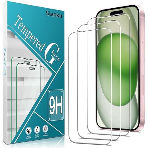 Slanku 3 Piezas, Protector Pantalla para iPhone 15 Plus, Cristal templado Antiarañazos, 9H Dureza, Antihuellas, 0.33 mm Ultra Transparente, Ultra Resistente | Cristal de dureza 9H, antiarañazos, compatible con fundas, transparente HD, sin burbujas