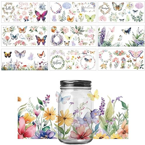 10 Blatt DTF Transfer Aufkleber, Bunte Rub On Transferaufkleber Schmetterlings DTF Transferaufkleber Florale Transferaufkleber für Becherverpackungen für 16oz Glasbecher Handgefertigte