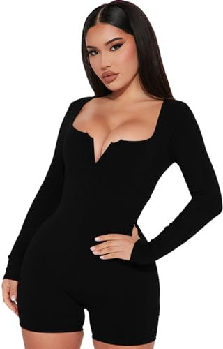 RPAEOY Women's Jumpsuit Playsuit Ribbed Long Sleeve V Neck Sexy Bodycon One Piece Unitard Sports Romper High Waist All in One for Gym Wear Workout Casual Yoga (Black,S)