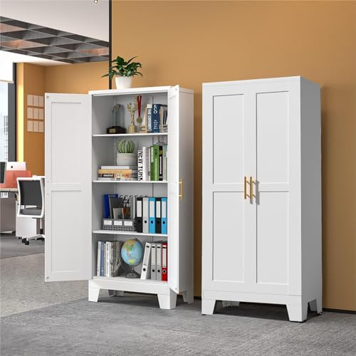RISTERN Weißer Metall-Aufbewahrungsschrank, 61 Zoll Stahl-Aktenschrank für Home Office, Küche, Speisekammer, Aufbewahrungsschrank mit Türen und 3 verstellbaren Regalen, Werkzeugschrank, für Büro,