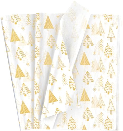 Weißes und goldenes Seidenpapier für Geschenkverpackungen, Topeedy goldener Weihnachtsbaum, Seidenpapier, 50 Blatt, 35 x 50 cm, zum Verpacken von Weihnachtsgeschenken, Jäten, Geburtstags-Geschenkboxen