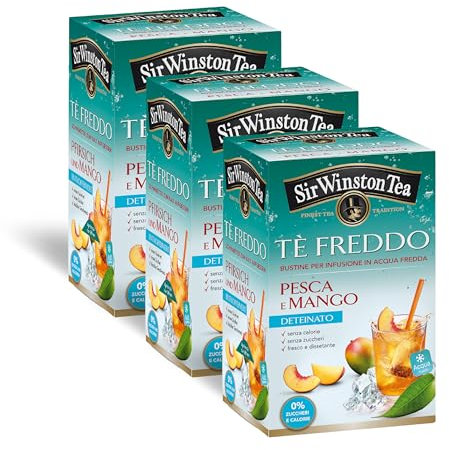 Sir Winston Tea, Ice Tea Nero Deteinato Pesca Mango, 54 Filtri (3 Confezioni da 18 Filtri), Gustoso e Dissetante, Ideale per Una Pausa Estiva, Senza Lattosio, Glutine e Allergeni