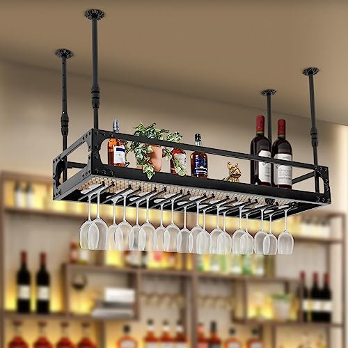 UHDUIG Deckenregal Weinglashalter Hängende Lagerregale Anhebbar Bar Regal Wand Decke Weinglasregale industrielle hängende Weinflasche Halter Mit Leitplanke,100×35×35-55 cm (Schwarz)