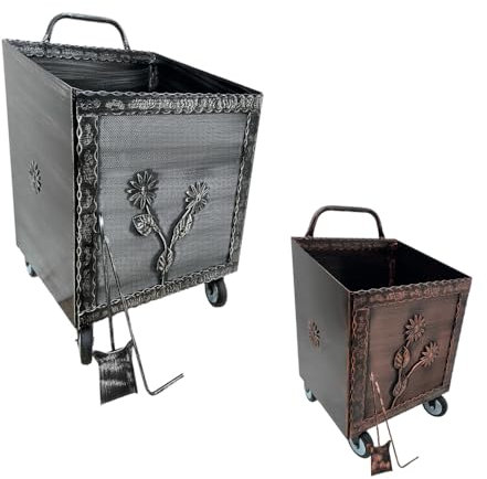 ANGELO PEGORARO Carrello portalegna portapellet Grande con ruote decoro Margherita spazzolato Rame e spazzolato Grigio (SPAZZOLATO GRIGIO)