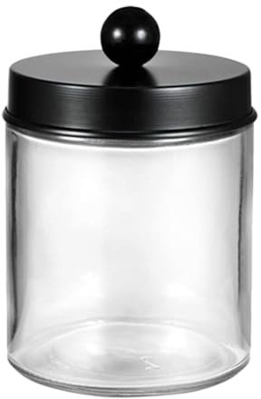 280ml/9.3oz Transparent Glass Vanity Canister Jar With Black Stainless Steel Lid Qtip Dispenser Holder Bathroom Organizers Storage Container for Bath Salts Cotton Swabs Makeup Sponges