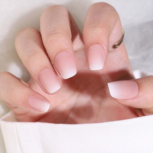 24PCS Matte Short False Nails - Gradient Nails French Tip - Square Nude Press on Nails - Natural Skin Color Gradient French Tip False Nails - Acrylic Falsenails with Glue DIY Nail Art