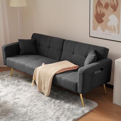 Lcoho Schlafsofa mit Bettfunktion, verstellbarem Winkel, goldenen Beinen, mit Kissen und seitlichen Aufbewahrungstaschen (dunkelgrau)