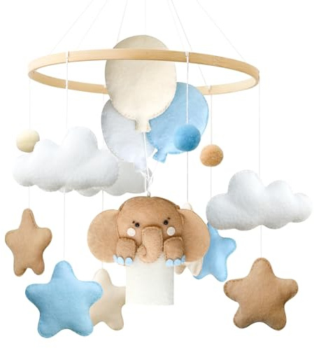 Elefant Mobile Baby Windspiele mit Filzbällen, Elefant, Heißluftballon, Sterne, Wolken Mobile Baby Holz Bettglocke Babybett Mobile Neugeborene Geschenk für Jungen Mädchen