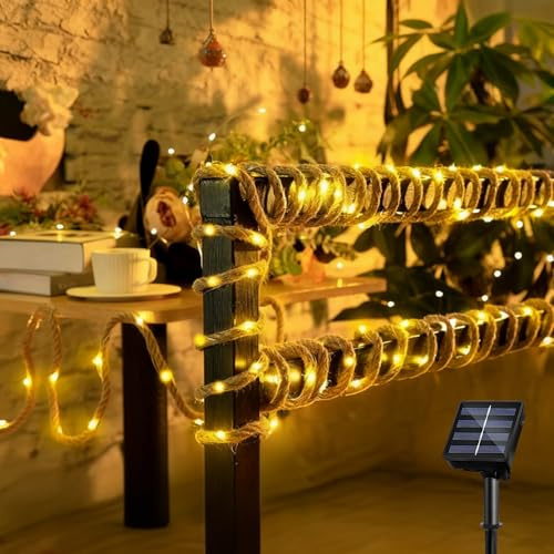 Solar Lichterkette Seil,15M Solarseil Lichterkette mit 300 LEDs,Solar Seil Lichterkette Aussen,Wasserdicht Fee Lichterkette Aussen,Solar Rope Lights für Garten Balkon Terrasse Weihnachten Party