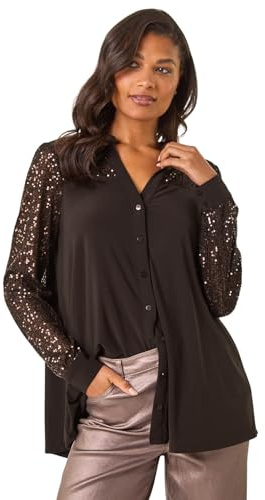 Roman Originals Sequin Embellished Detail Blouse for Women UK - Ladies Autumn Everyday Winter Holiday Notch Neckline Comfy Long Sleeve Soft Shirt Stretch Fabric Tops - Chocolate - Size 12