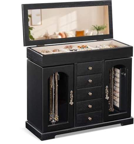Emfogoo Boîte à Bijoux Femme, Rustique Grande Boite a Bijoux Bois avec Miroir, 6 couches Boite Rangement Bijoux Organisateur pour Colliers, Boucles D'oreilles, Bagues, Bracelets (Weathered Noir)
