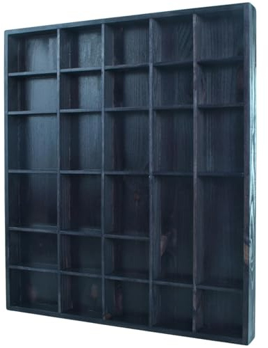 WooDeeDoo Wooden 28 Compartments Display Trinkets Shelf - Hand-Stained - Dark Grey - Gloss - Curio Wall Shadow Box Showcase Tiny Figurines Rack Crystals Case - 45 x 40 x 3.5 cm