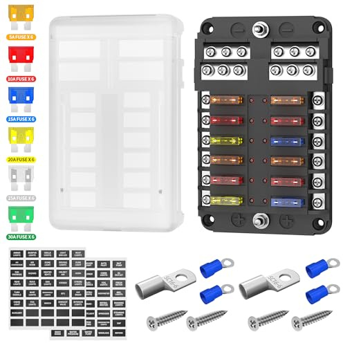 Joinfworld 12 Fach KFZ Sicherungshalter,12v Flachsicherung ATC/ATO | Sicherungskasten Kfz with LED Indicator,Kunststoffabdeckung,für DC12V/24V Auto LKW Boot VAN Marine Fahrzeug