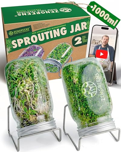 zengreens® Kit de Cultivo de brotes - Set de 1, 2 o 3 tarros de germinación - Incluye Tarro germinador y Soporte metálico - Incl. videocurso Online