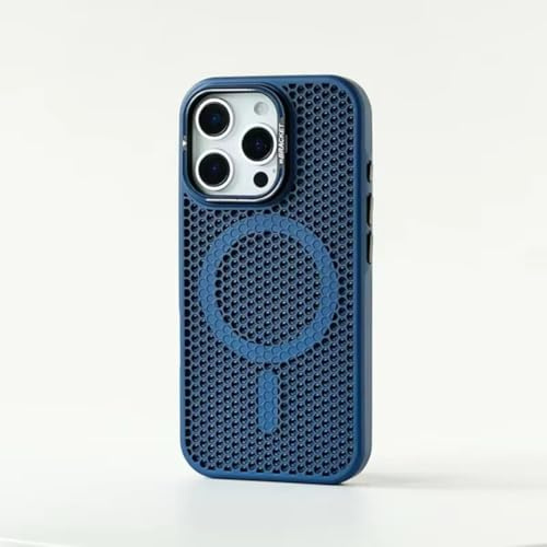 GHVWYX Honeycomb Grid Mesh Cooling Magnetic Case for iPhone 16 Promax 15 Pro 14 13 12 17 Pro Alloy Lens Bracket Wireless Charging Cover(for iPhone 17 Pro/Dark Blue)