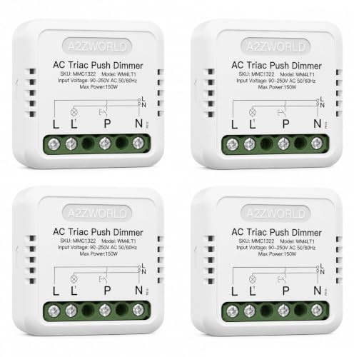 4 PCS Dimmer Triac a Pulsante 220V 150W Fase o Neutro, Regolabile 10-100%, Sincronizzabile, Memoria, Da Incasso e Guida DIN, Per Led Dimmerabile,40x40x18mm,Trailing Edge Phase Cut