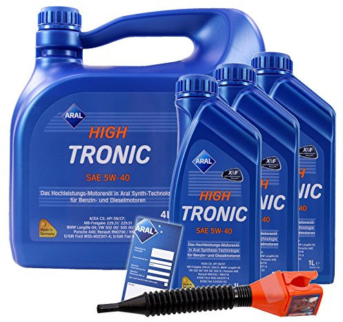 3x 1 L + 4 L = 7 Liter ARAL HighTronic 5W-40 Motoröl inkl. Ölwechselanhänger und Einfülltrichter
