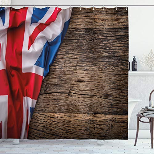 ABAKUHAUS Union Jack Duschvorhang, Flagge auf Eichenbrett, Stoffliches Gewebe Badezimmerdekorationsset mit Haken, 175 x 200 cm, Braun Rot Blau