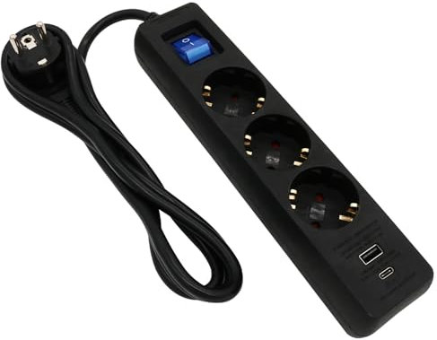 ARLI 1,5m Steckdosenleiste 3 Fach schwarz mit 2 USB Ladebuchsen USB-A USB-C Schalter Mehrfachstecker Kinderschutz Überspannschutz flachem Winkelstecker Schutzkontakte Mehrfachsteckdose Steckdose