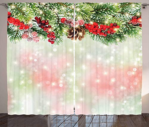 ABAKUHAUS Weihnachten Rustikaler Gardine, Grüne Zweige Holly, Schlafzimmer Kräuselband Vorhang mit Schlaufen und Haken, 280 x 245 cm, Grün braun Rot