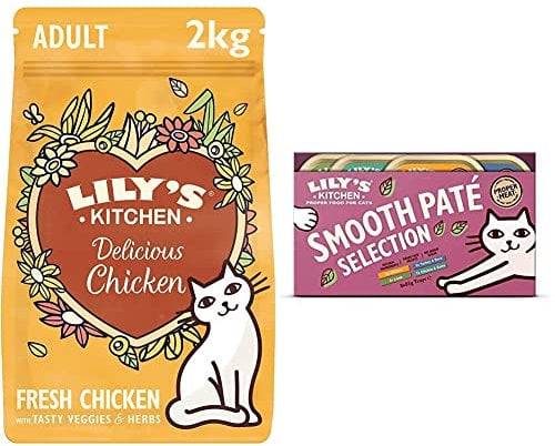 Lily's Kitchen Everyday Favourites Wet Cat Food (4 Packs x 8 Trays x 85 g) and Delicious Chicken Dry Cat Food (2 kg)