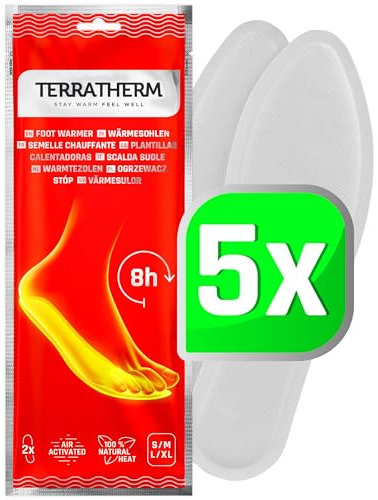 TerraTherm Wärmesohlen für Schuhe - 5 Paar XL Sohlenwärmer, 100% natürliche Wärme, Fußwärmer Sohlen als auch Wärmeeinlagen für Schuhe, für 8h warme Füße, Schuhwärmer Einlagen XL