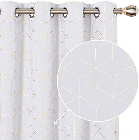 Deconovo Room Darkening Curtains, Eyelet Curtains, Soft Gold Diamond Printed Thermal Insulated Curtains for Living Room, 46 x 72 Inch(Width x Length), Silver Grey, One Pair