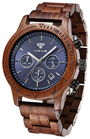 VICVS Men's Wooden Watch, 100% Natural Wood Watch, Japanese Quartz Movement with Date Display Chronograph Function, (Sandalwood)