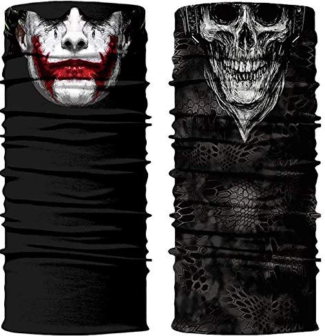 ShopINess Lot de 2 Cache-Cou Foulard Multifonctions Unisexe pour Fêtes Halloween Carnaval, Sport et Activités de Plein Air Tête de Mort Crâne Joky (Joky + Crâne Blanc)