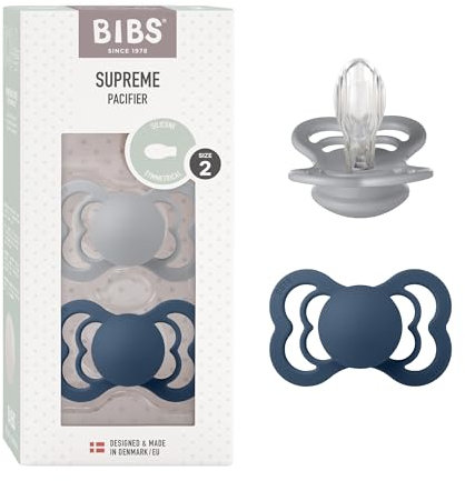 BIBS Supreme Schnuller 2er-Pack, BPA-frei, Symmetrischer Nippel. Silikon, Hergestellt in Dänemark. 6-18 Monate (2er Pack), Cloud/Steel Blue