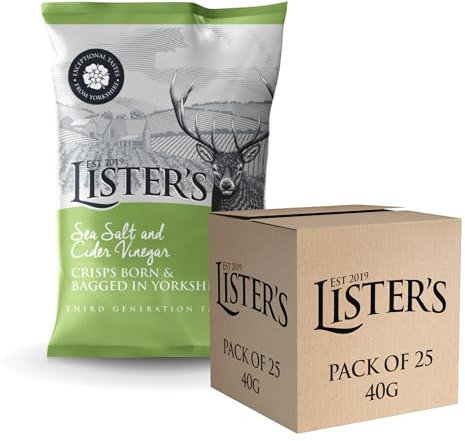 Listers - Sea Salt and Cider Vinegar Crisps - Crisps Multipack, Multipack Crisps, Crisps Share Bag, Salt and Vinegar Crisps - Vegetarian Potato Snacks - 40g x 25