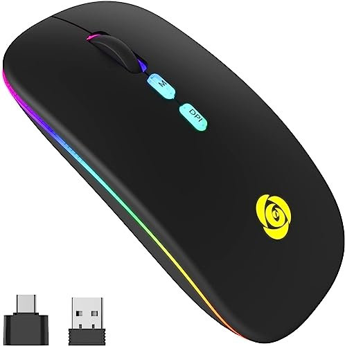 Raton Inalambrico, Ratón Bluetooth LED, 7 Colores, Raton Inalambrico Silencioso con Receptor USB de 2,4 GHz y Tipo C, 3 dpi (800/1200/1600), Compatible con iPad/PC/Mac/Windows