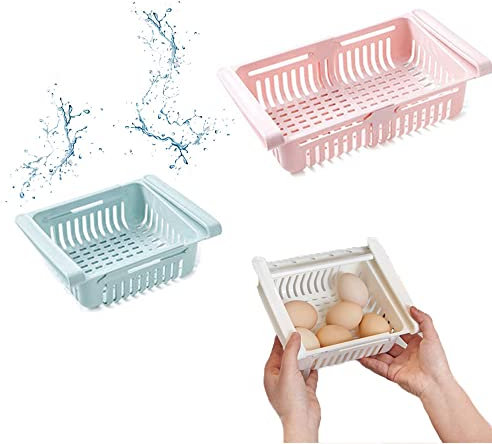 WDDP 3-Teiliges Set Ausziehbare Fridge Organizer, Kühlschrank Schubladen Organizer, Einstellbare Lagerregal Kühlschrank, Extendable Refrigerator Drawers, für Kühlschrank, Tischplatte (Weiß/Blau/Rosa)