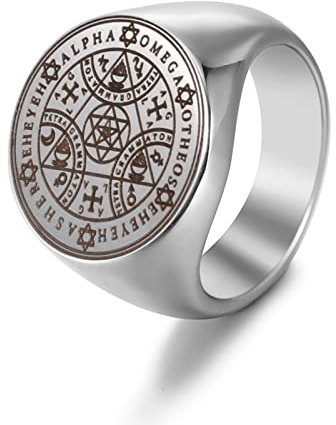 Amaxer Enochianischer Engel Ring für Männer Edelstahl Pentagramm Enochianischer Engel Magie Amulett Statement Ring Statement Band für Männer Frauen (12, Silber)