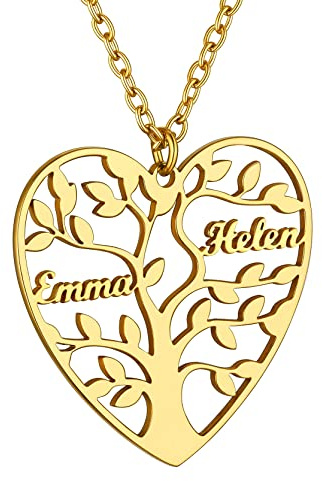 GOLDCHIC Collier Pendentif Arbre de Vie Coeur Prénom Personnalisé Femme Acier Inoxydable 1-8 Noms des Enfants Généalogique Argent/Plaque Or/Noir Cadeau Noël Anniversaire Fête Mères Chaine 50/40+5cm