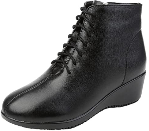 Jamron Donna Moda Vera Pelle Tacco a Zeppa Stivali con Lacci Invernali Stivaletti con Fodera in Pelle Nero EU40