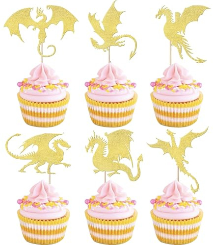SYKYCTCY 24 Pack Dragon Cupcake Toppers Glitter Fantasy Birthday Cupcake Picks for Medieval Dragon Theme Baby Shower Kids Birthday Party Cake Decorations Supplies Gold