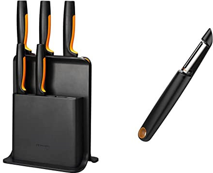 Fiskars Design-Messerblock mit 5 Messern, Functional Form, Schwarz, 1057554 & Schäler mit beweglicher Klinge, Länge: 18 cm, Stahl/Kunststoff, Functional Form, Schwarz/Orange, 1014419