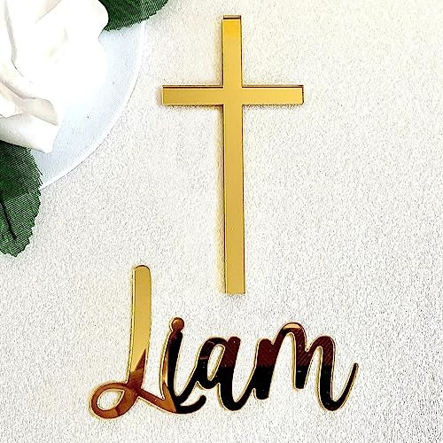 Personalised Name Cake Charm and Cross, Custom Christening Cake Topper, Baptism Cake Decor, Laser Cut Name, Cake Plaques, Cake Decorations, 1st Holy Communion, God Bless, Any Size and Color (Design 1)
