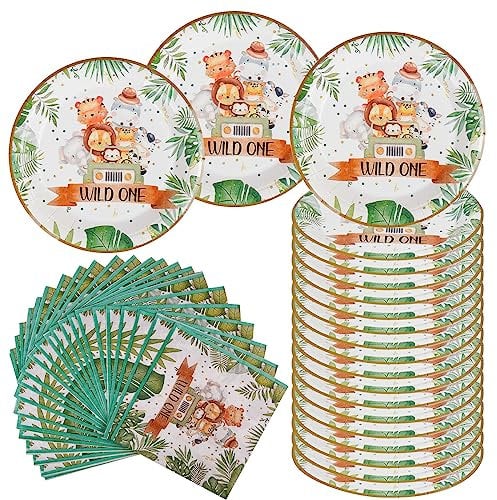 AINIUNIU 40 Unidades Juego de Vajilla de Fiesta de Cumpleaños, Party Decoracion Fiesta Cumpleaños Wild One Animales Selva Platos, Decoraciones para Fiestas de Cumpleaños Infantiles, 20 invitados