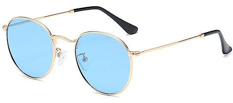 RUNHUIS Rund polarisierte Sonnenbrille Damen Herren Klassische Super Leichte Metallrahmen Gläser Mode Brillen für Fahren Angeln Gold/Blau