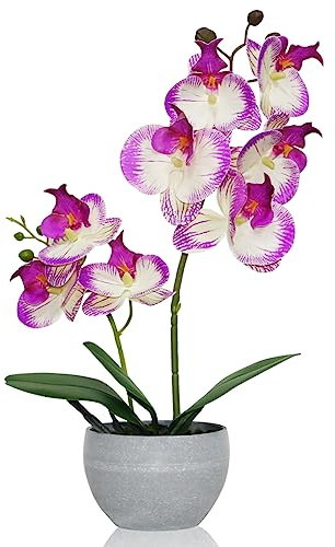 Joyerace Lila Orchidee Künstliche Blumen 2 Stiele in grauem Topf, künstliche Orchidee Blume für Zuhause Badezimmer Tisch Wohnzimmer Büro Küche Dekor