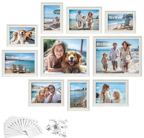 SONGMICS Bilderrahmen 10er Set, 16 Passepartouts, zwei 20 x 25 cm, vier 13 x 18 cm, vier 10 x 15 cm, aufhängen, aufstellen, Glas, 12 spurlose Wandhaken, vintageweiß RPF049W01