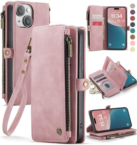 Defencase iPhone 15 Wallet Case, PU Leather, Magnetic Flip Strap, Zipper Card Holder, Rose Pink