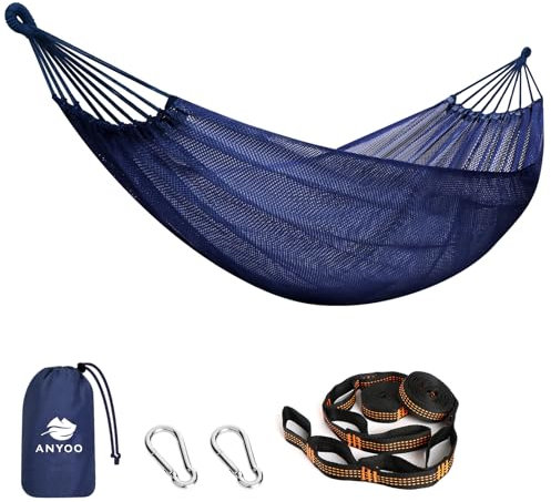 Anyoo Große Netz Hängematte 320x150cm, Atmungsaktives Cool-Mesh Hängematte mit Baumgurten für Outdoor Camping Garten Wandern Rucksacktouren