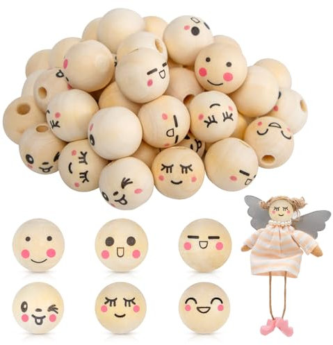 Holzperlen mit Gesicht, Holzkugeln mit Loch und Gesicht 20mm 60 Stück, Holzperlen Natur Niedlich Holzköpfe mit Gesicht, Runde Holzperlen für Sorgenwürmchen Makramee Schmuck, Erwachsene